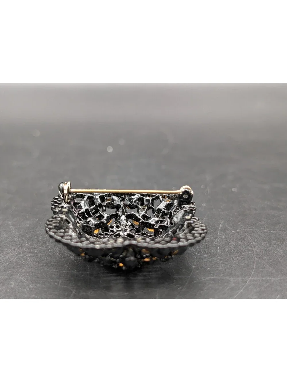 Signed LISNER Vintage Black Rhinestone Brooch Japanned Metal Cluster Pin 50s